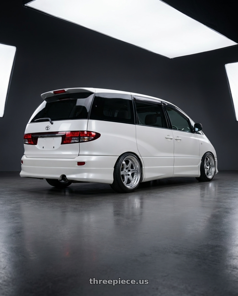 2000 toyota estima acr30w with Work Meister L1 3P 5x114.3 19x8+38 O Disk Matte Silver wheels rear three quarter view slight stretch tires