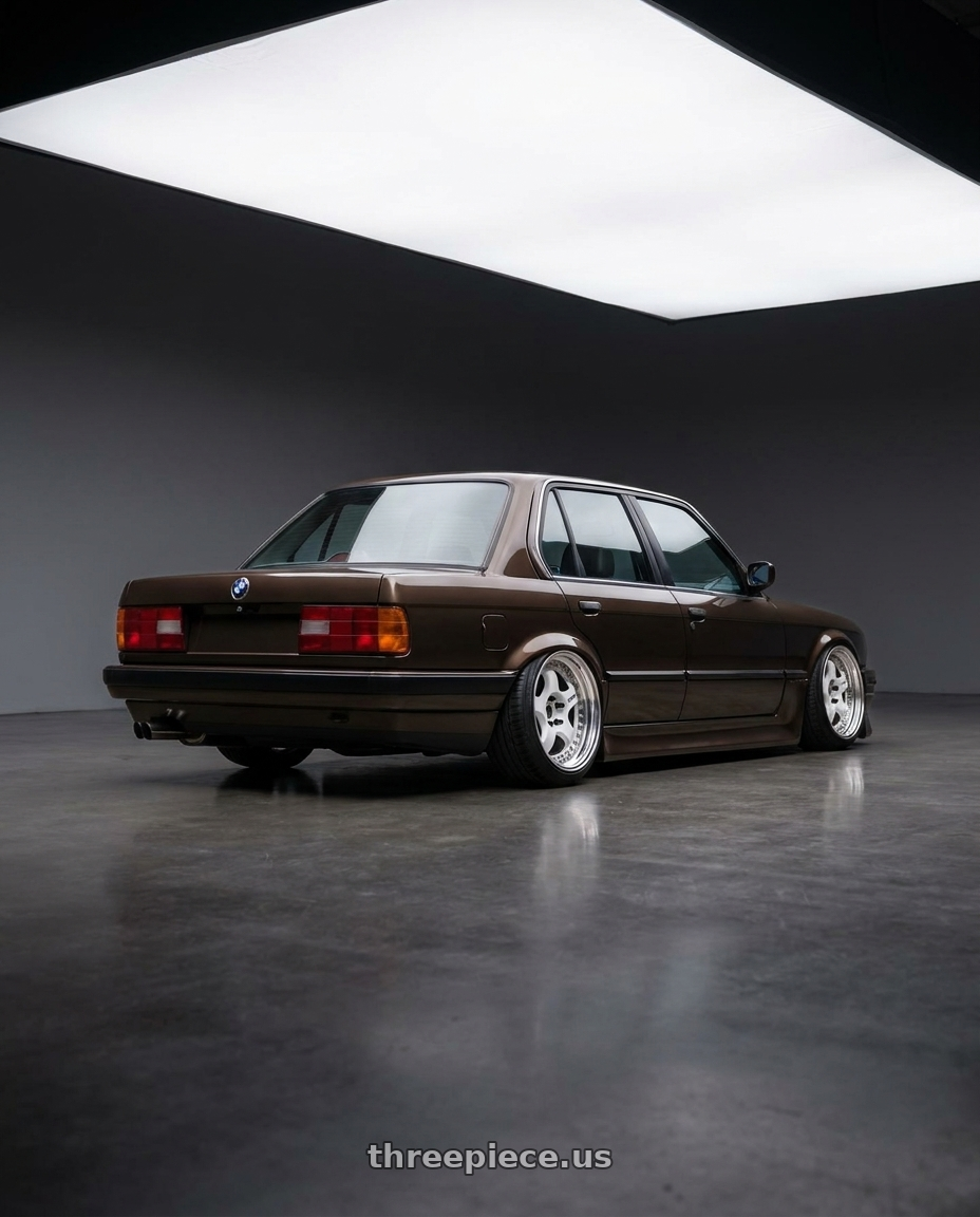 1991 bmw 3 series with Work Meister S1 3P 5x120 17x9+28 A Disk White wheels rear three quarter view slight stretch tires
