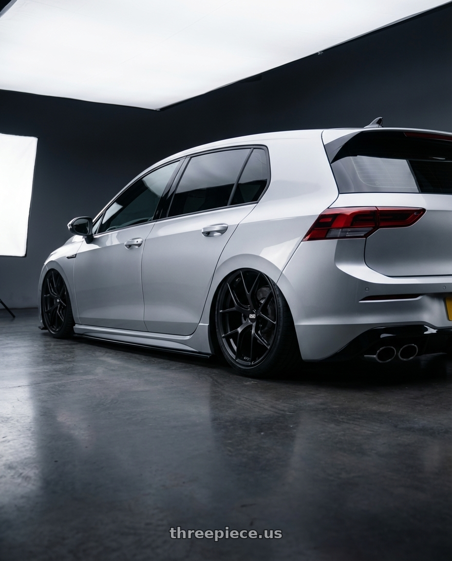 2024 Volkswagen Golf R MK8 with BBS FI-R Evo 5x112 19x9.5+15 Satin Black wheels rear three quarter view slight stretch tires