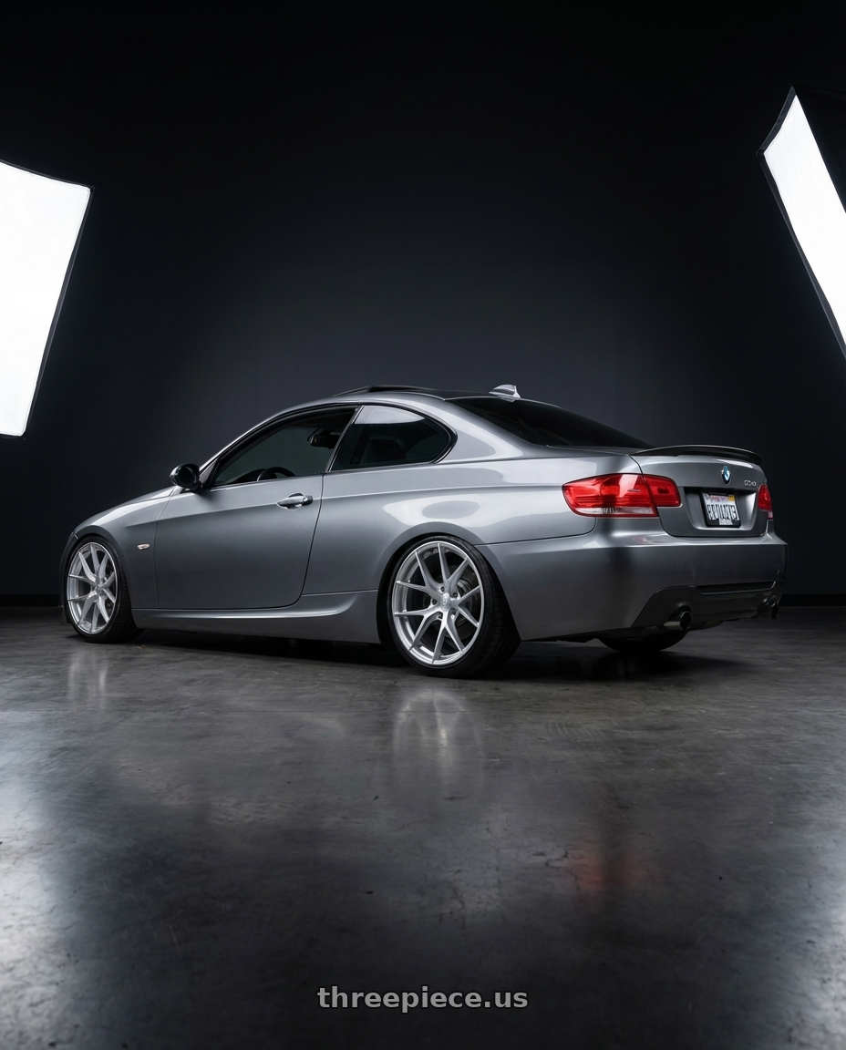 2008 E92 335i Space Grey Metallic  with Aodhan AFF7 5x120 18x8.5+35 Gloss Silver Machined Face wheels rear three quarter view slight stretch tires