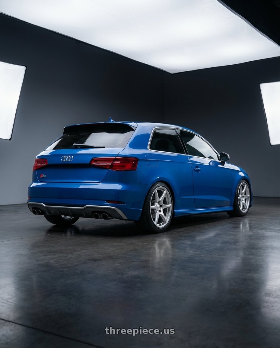 2019 Audi S3 8V with Kansei K11S Tandem 5X112 18x8.5 35 Hyper Silver wheels rear three quarter view square tires