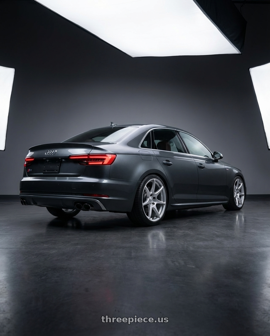 2023 Audi S4 B9 with Kansei K11S Tandem 5X112 19x9.5 22 Hyper Silver wheels rear three quarter view square tires