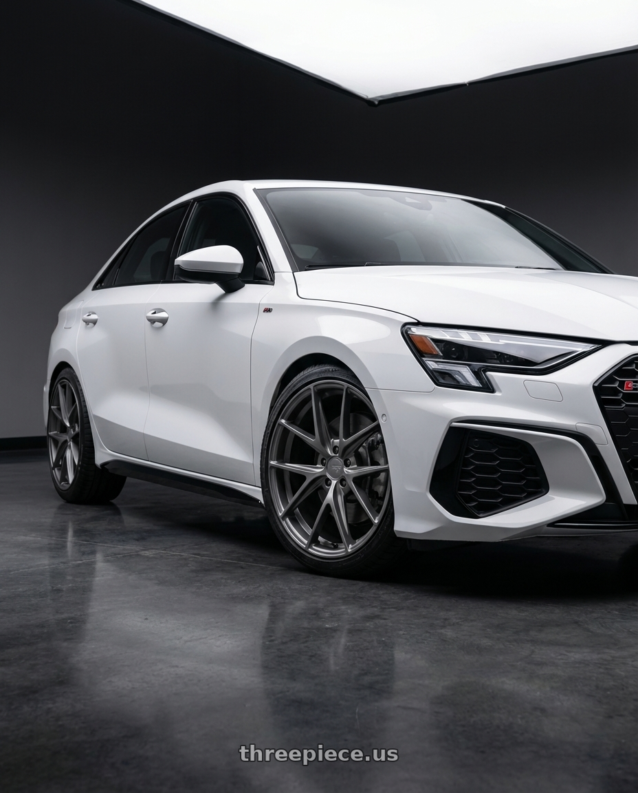 2024 Audi S3 8Y with Niche 1PC M116 MISANO 5X112 19X9.5 +35 MATTE GUN METAL wheels front three quarter view lowered stance