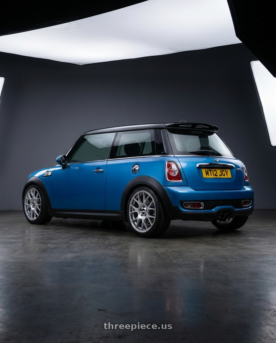 2012 mini cooper with BBS CH-R 5x130 19x8.5 +51 Brilliant Silver Polished Rim Protector wheels rear three quarter view square tires
