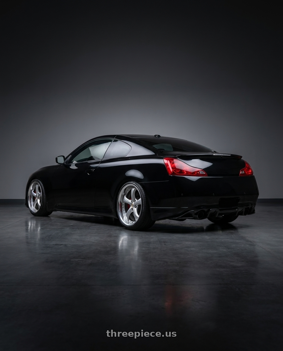 2008 infiniti g37 with Work Wheels VS-KF 5x114.3 18x9.5+39 Light Grey Silver R Disk FULL REVERSE wheels rear three quarter view slight stretch tires