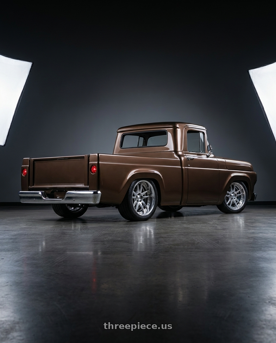 1960 ford f100 with Work Emotion Cr 3P 5x114.3 19x9.5+49 L Disk Burning Silver wheels rear three quarter view square tires