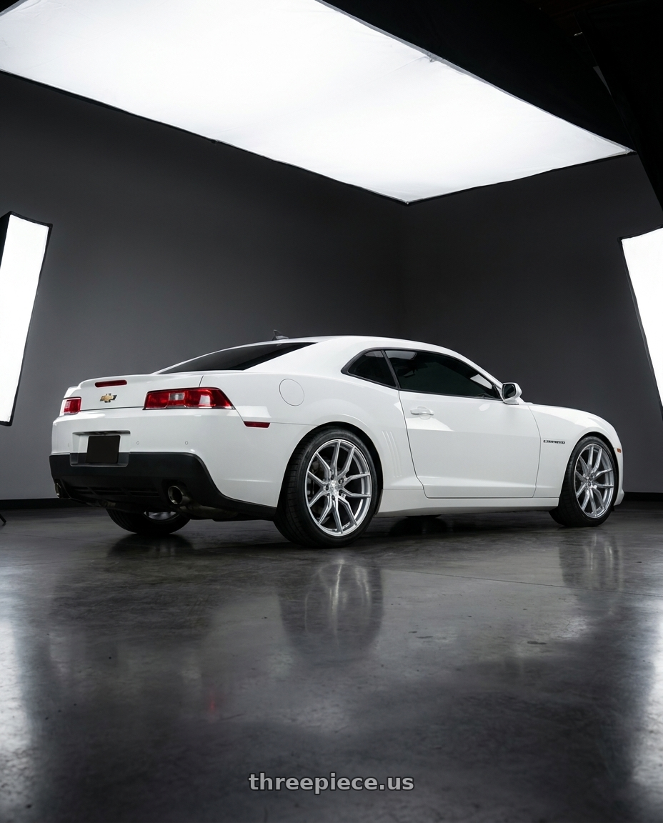2014 Chevrolet Camaro 5th Gen with Aodhan AFF1 5x120 20x9+30 Gloss Silver Machined Face wheels rear three quarter view square tires