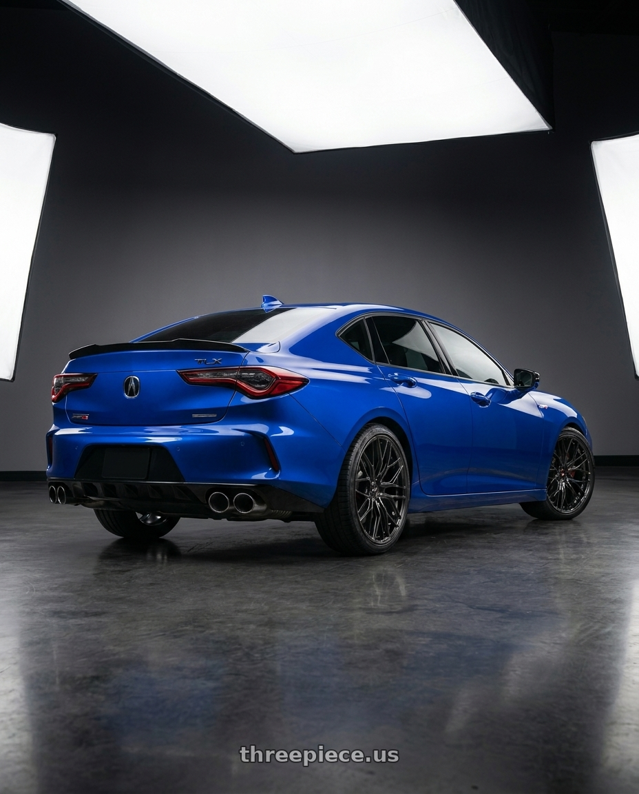 2021 tlx type s apex blue with Vors TR4 5x120 20x9.5  +35 Hyper Black wheels rear three quarter view square tires