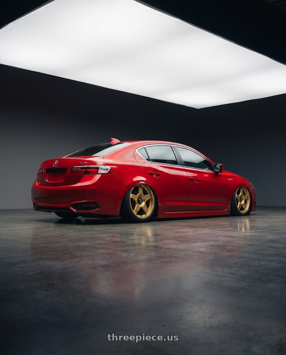 2012 Acura ILX with fifteen52 CHICANE 5x114.3 / 5x100 18x8.5 +35 GOLD (GLOSS GOLD) wheels rear three quarter view slight stretch tires