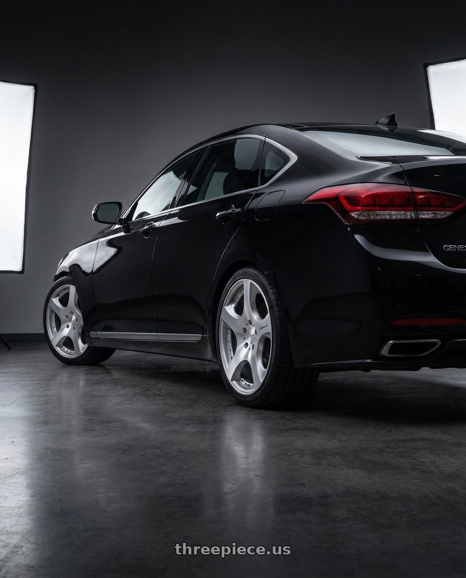 2016 hyundai genesis 3 8 with MRR VP3 5x114.3 19x8.5  +35 Silver Machine Face wheels rear three quarter view square tires