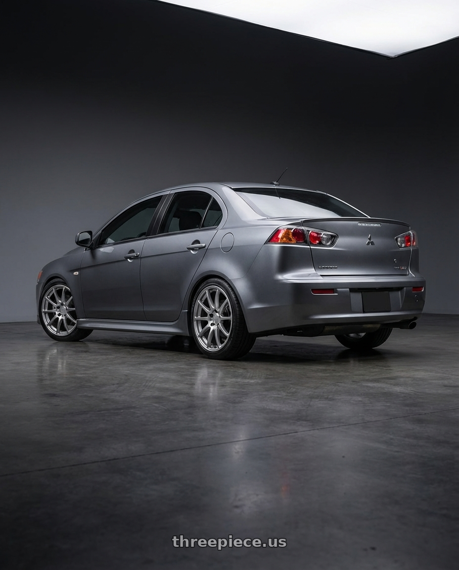 2014 Mitsubishi Lancer Ralliart with Ssr Gtv02 5x114.3 18x8.5+40  GLARE SILVER wheels rear three quarter view square tires
