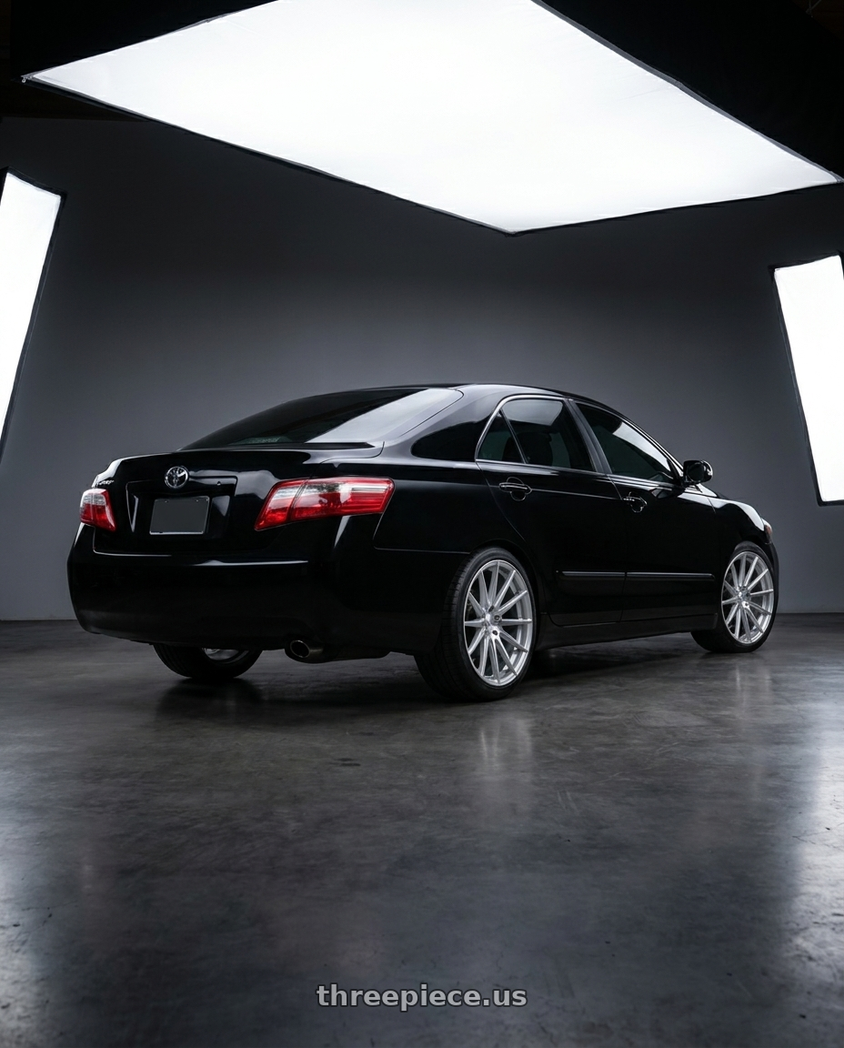 2008 CAMRY 3.5 with Avant Garde Wheels M615 5X114.3 19x9.5 +40 Silver Machine wheels rear three quarter view square tires