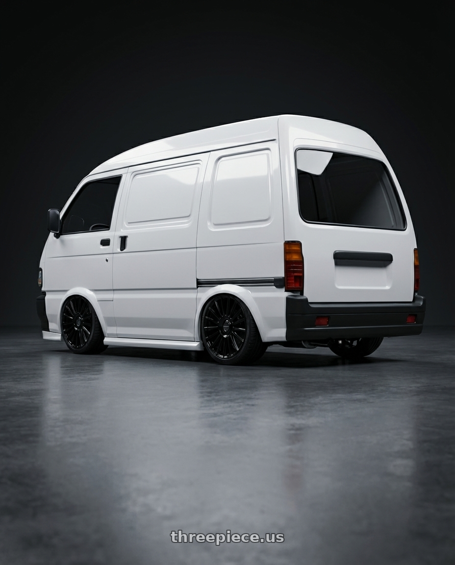 asia towner 1997 branca with RAVETTI M18 5X100/5X114.3 17x7.5 +38 GLOSS BLACK wheels rear three quarter view square tires