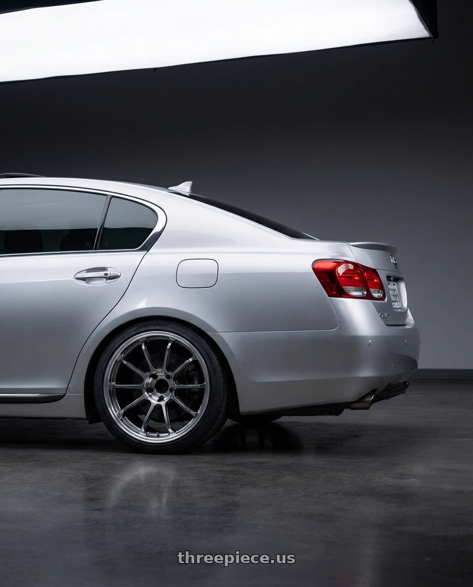 2006 lexus gs300 with Advan Racing RZ-DF2 5x120 19x8.5 +35 DIAMOND CUT & HYPER PLATINUM BLACK wheels rear three quarter view square tires