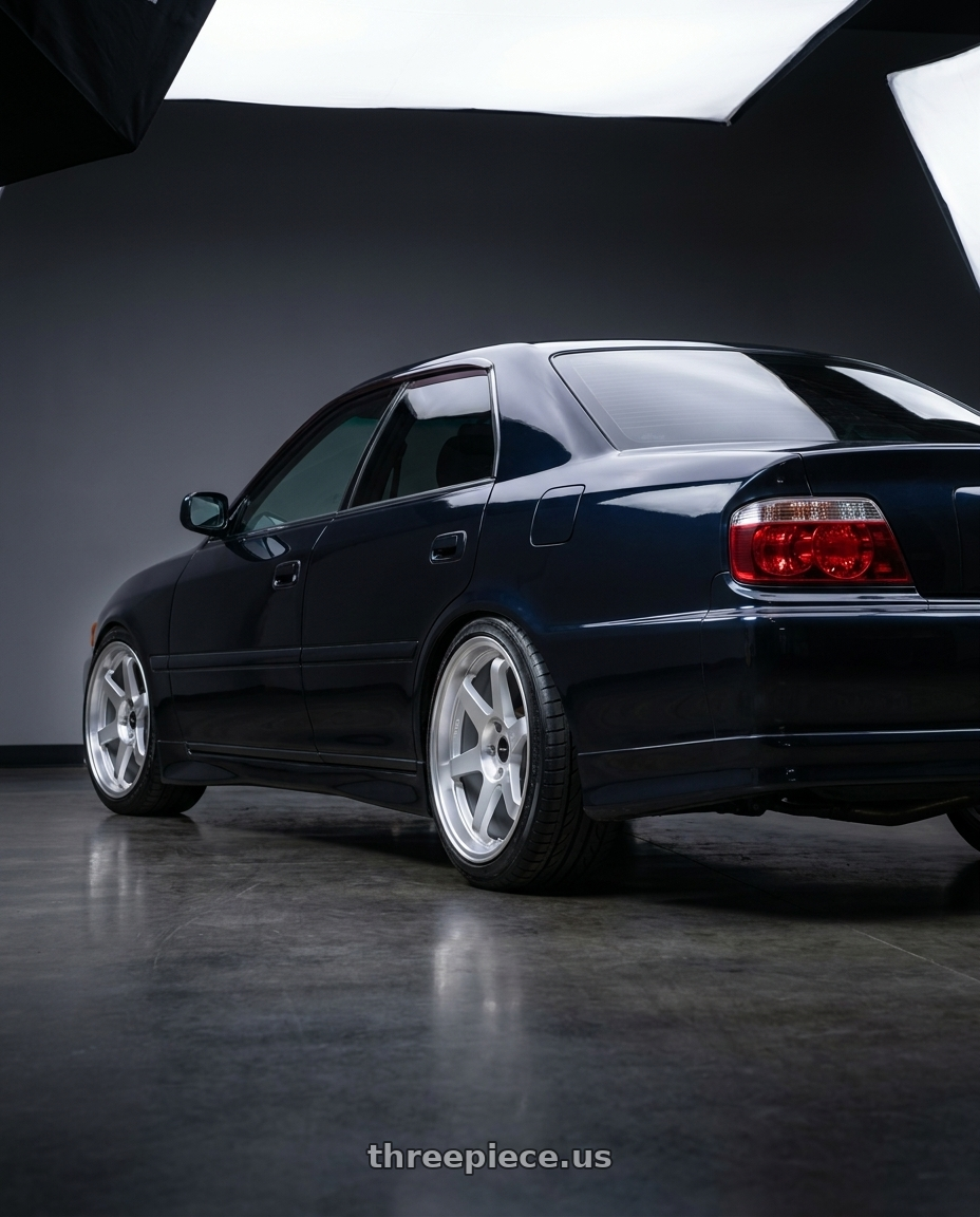 1998 toyota chaser with Vors TR37 5x112 18x8.5  +35 Silver Machine Face Lip wheels rear three quarter view square tires
