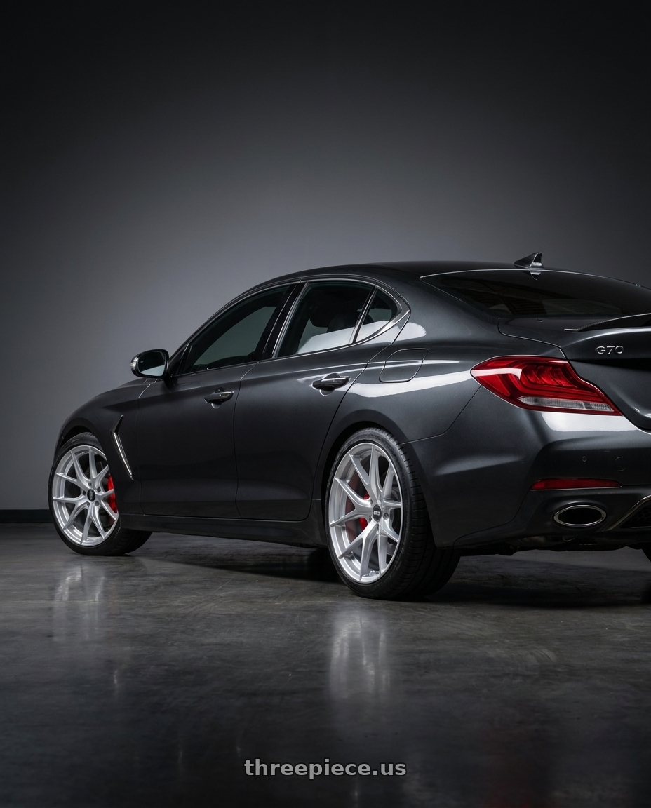 2019 Genesis g70 with ESR Wheels FORGETECH SERIES RF2 5x100 18x8.5 +30 Hyper Silver wheels rear three quarter view slight stretch tires