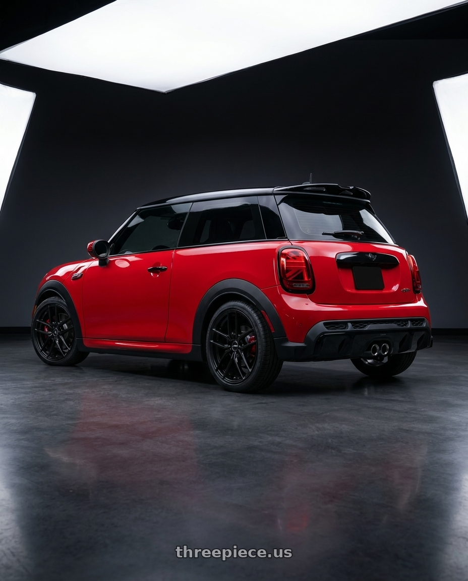 2025 mini jcw ted with Enkei TY-5 5x112 18x8+45 Black wheels rear three quarter view square tires