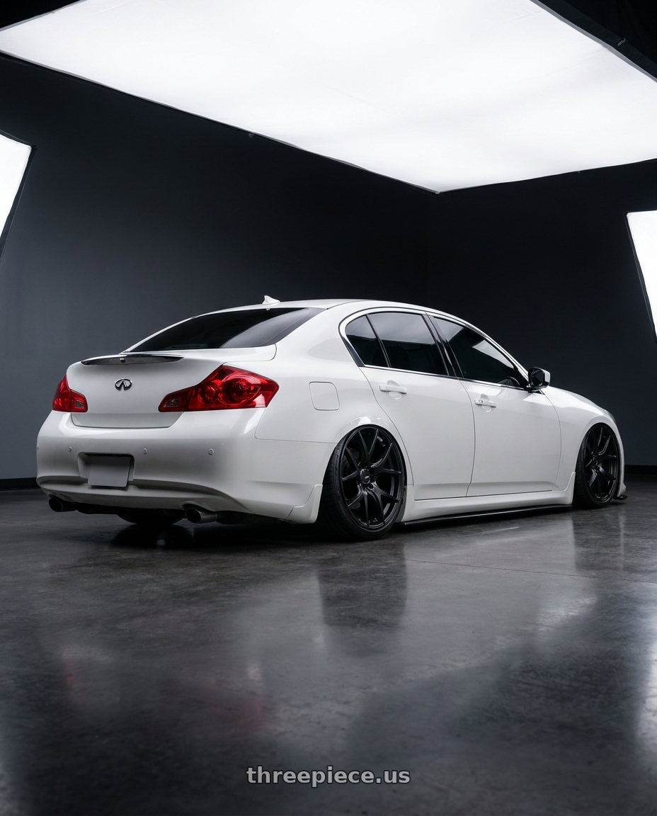 2012 Infiniti G37 with Ssr Gtv03 5x114.3 19x8.5+38  FLAT BLACK wheels rear three quarter view slight stretch tires