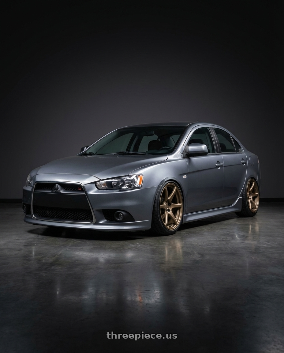 2014 Mitsubishi Lancer Ralliart with Kansei K11B Tandem 5x114.3 18x10.5 12 Bronze wheels front three quarter view stanced stance