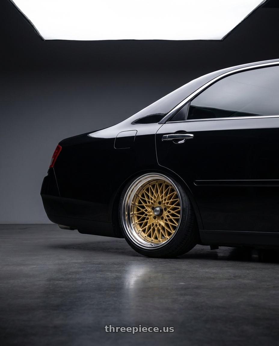 2004 Infiniti M45 with SSR Formula MESH 5x100 19X12+-7 HP Disk Fm Gold wheels rear three quarter view slight stretch tires