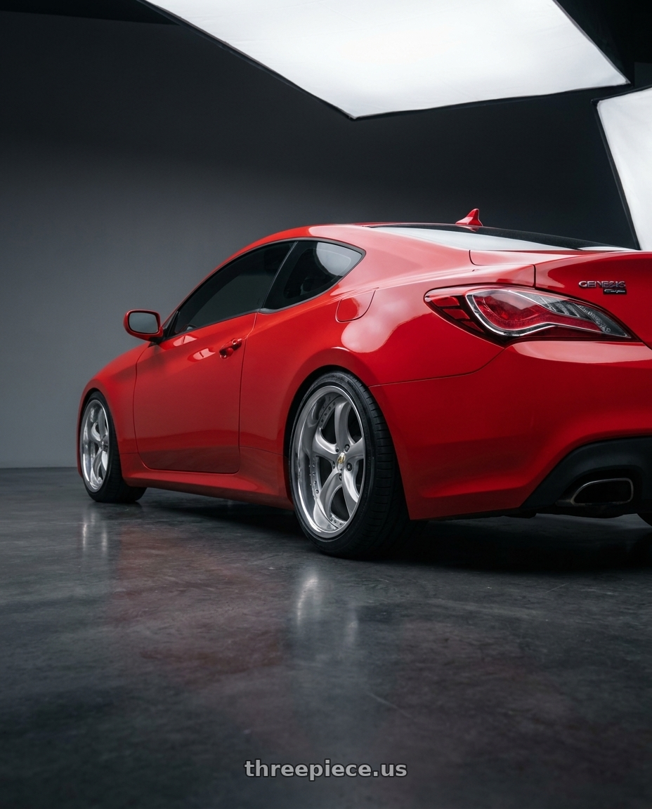 2014 Hyundai Genesis Coupe with Work Wheels VS-KF 5x114.3 18x8+34 Light Grey Silver O Disk FULL REVERSE wheels rear three quarter view square tires