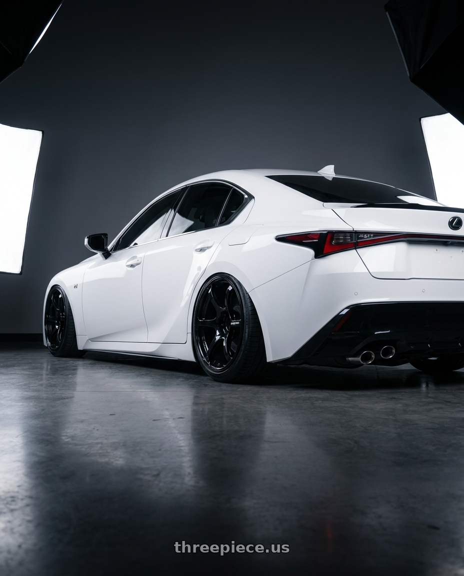 2024 Lexus IS 350 with Advan RGII 5x114.3 19x10+35 Gloss Black wheels rear three quarter view slight stretch tires