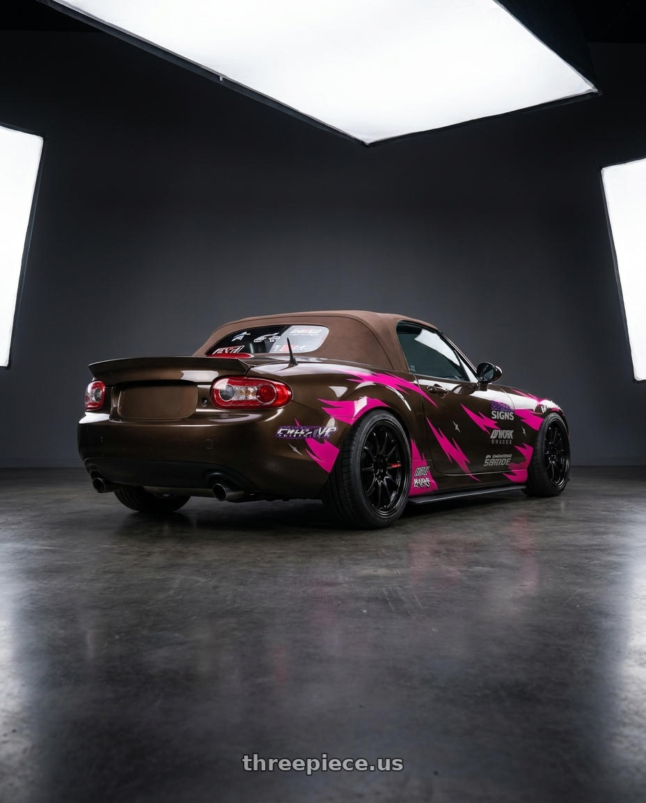 2012 Mazda miata with Volk Racing CE28 Club Racer II 5x114.3 17x9.5+45 wheels rear three quarter view slight stretch tires