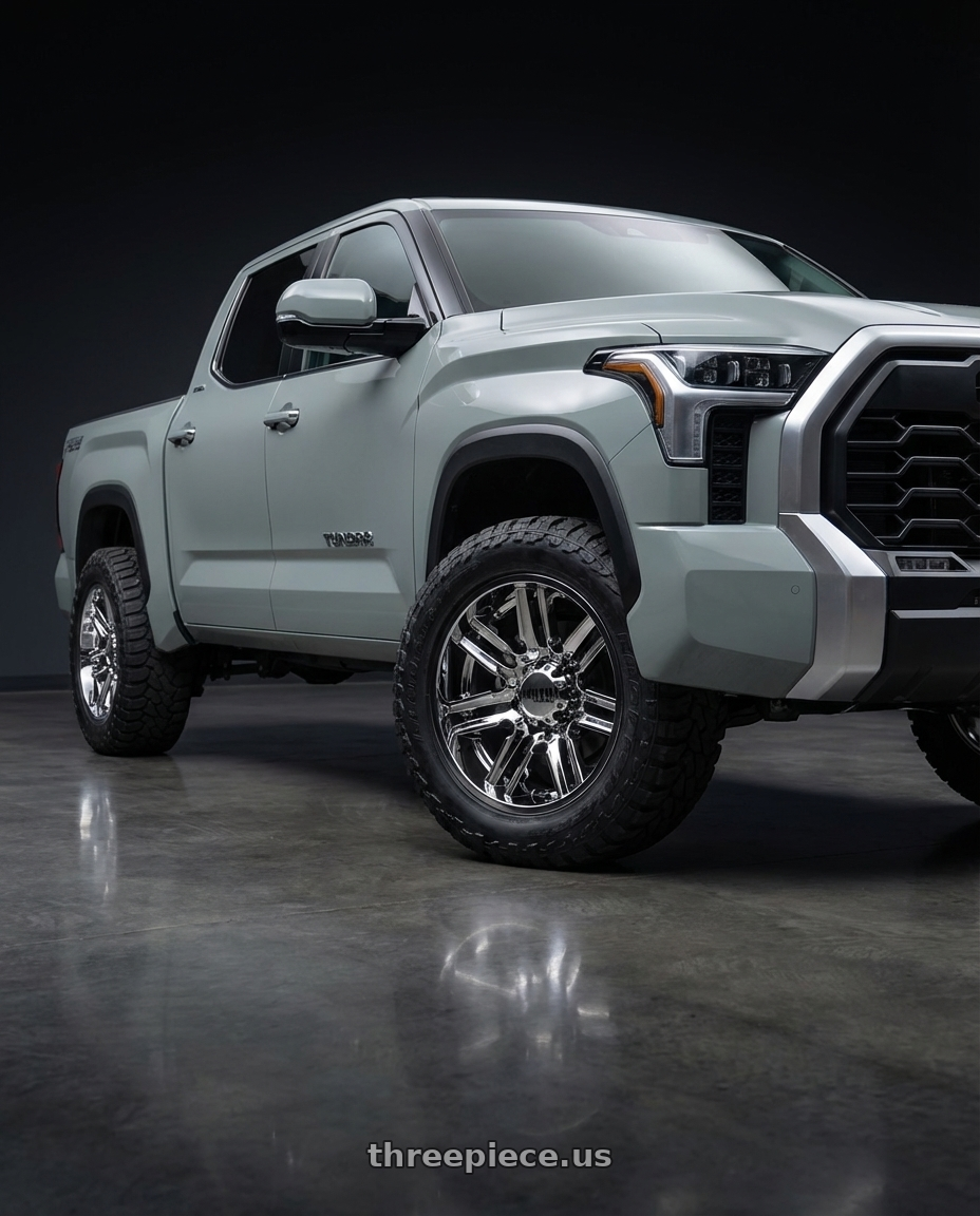 2024 Toyota Tundra with Moto Metal MO202 6X139.7 20X12 -44 CHROME CENTER GLOSS BLACK MILLED LIP wheels