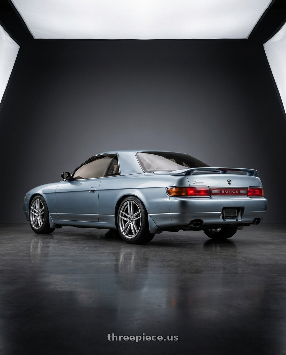 1990 eunos cosmo with Enkei SVX 5x114.3 18x8+40 Silver Machined wheels rear three quarter view slight stretch tires