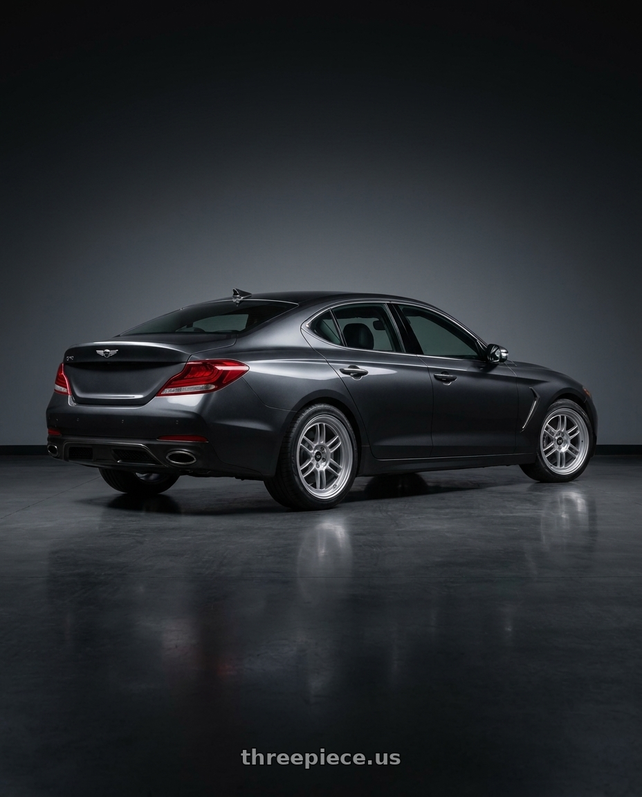 2019 Genesis G70 with Enkei RPF1 4x114.3 16x7+25 Silver wheels rear three quarter view square tires