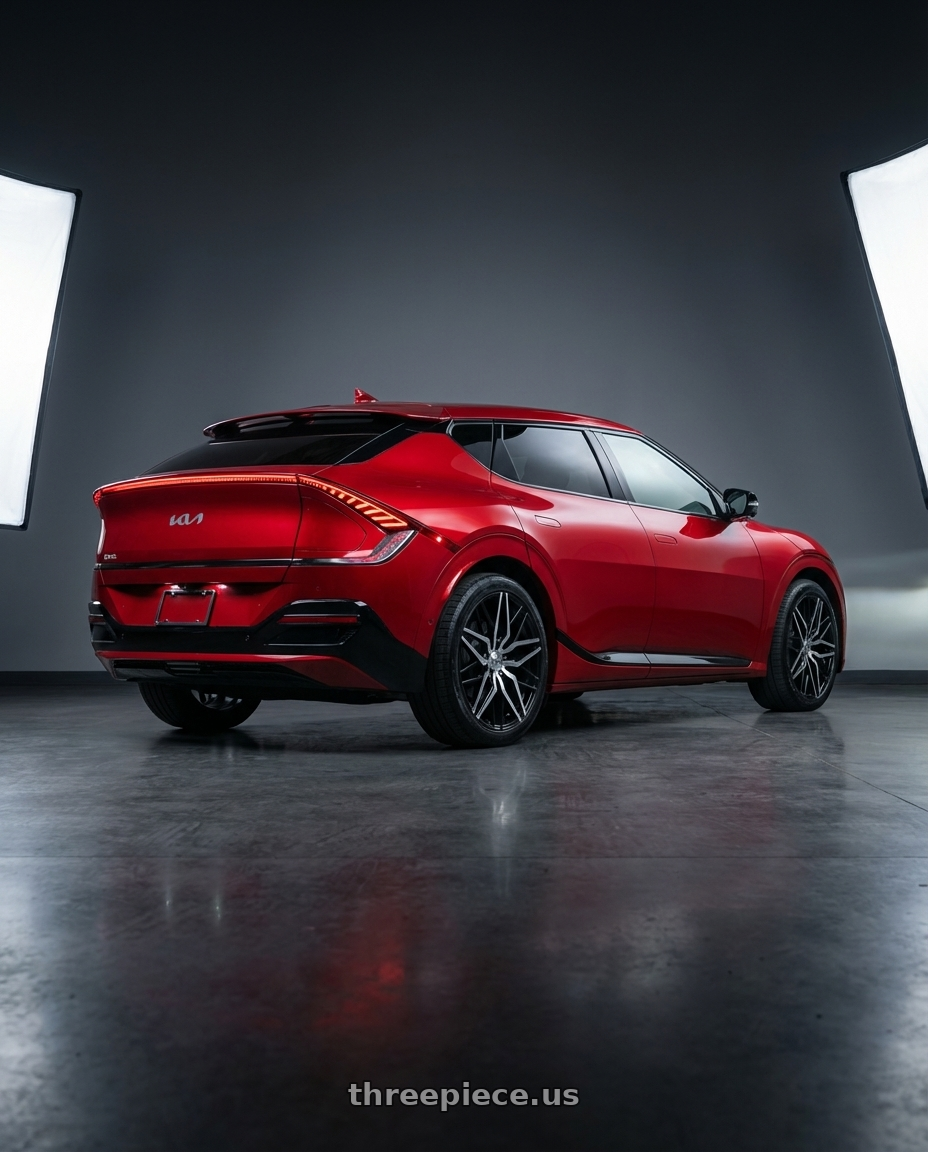 2024 kia ev6 with Shift Spring 5x114.3 20x8.5 +35 Gloss Black Machined wheels rear three quarter view square tires