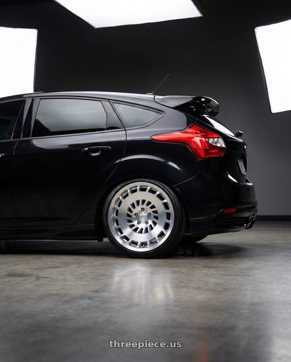 2013 focus St black with Rotiform 1PC R135 CCV 5X112 19X8.5 +45 GLOSS SILVER MACHINED wheels rear three quarter view slight stretch tires