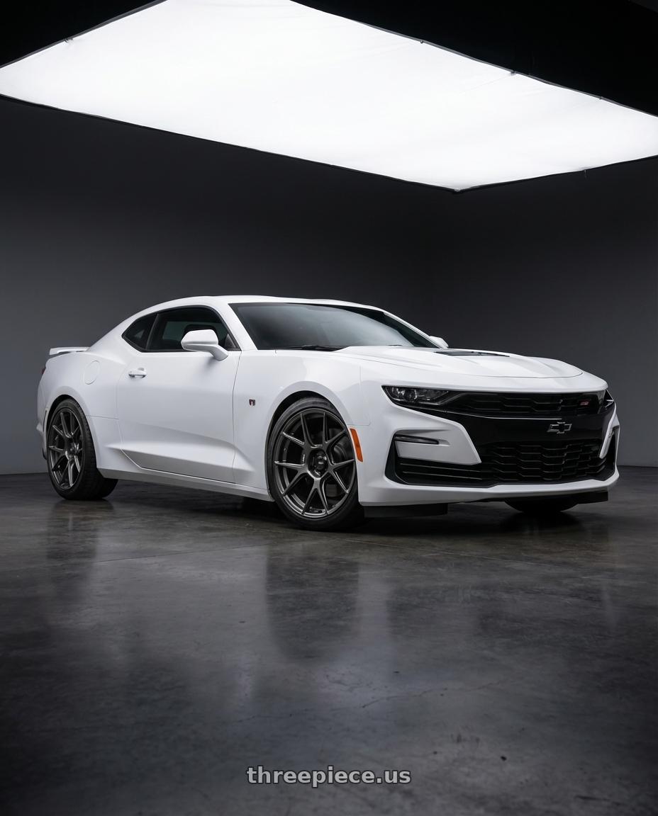 2022 Chevrolet Camaro with Konig Ampliform 5x120 20x8.5+45 Dark Metallic Graphite wheels front three quarter view lowered stance