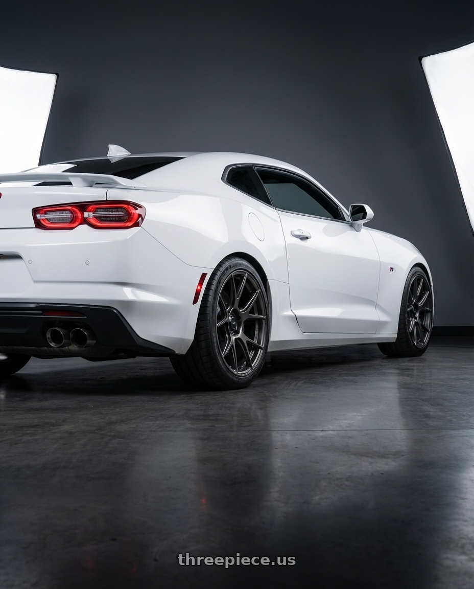 2022 Chevrolet Camaro with Konig Ampliform 5x120 20x8.5+45 Dark Metallic Graphite wheels rear three quarter view square tires