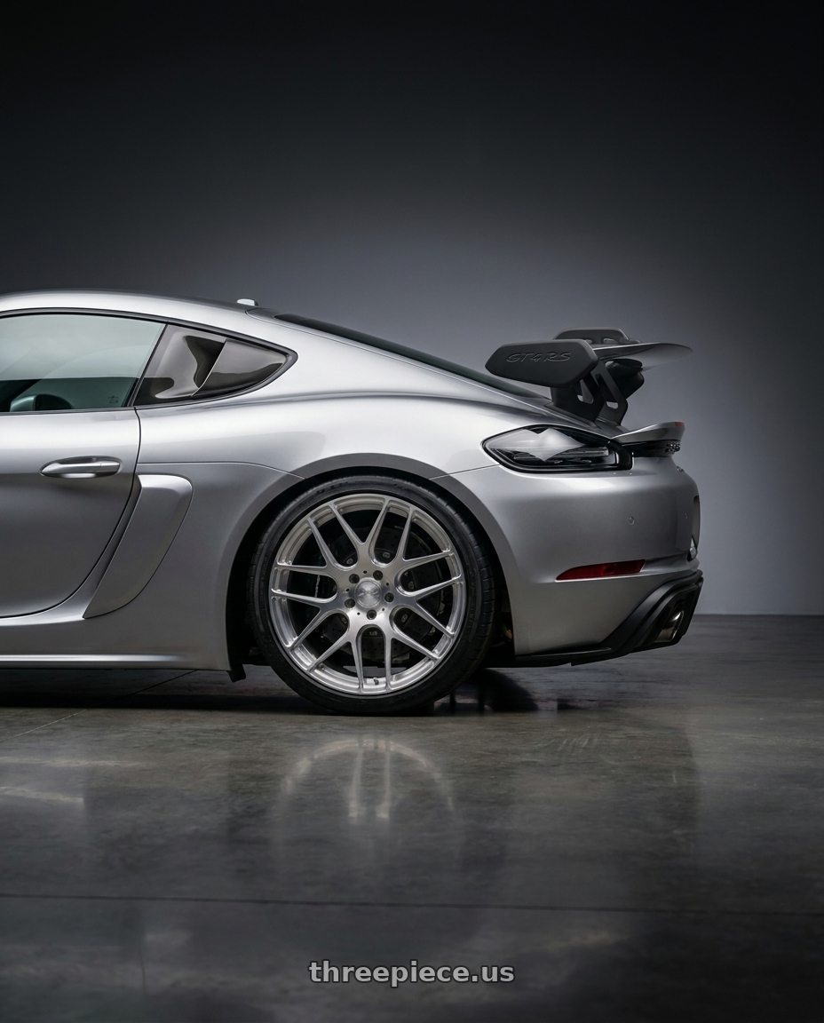 2025 Porsche Gt4Rs with MRR FS1 5x112 18x8.5  +25 Brushed Clear wheels rear three quarter view square tires
