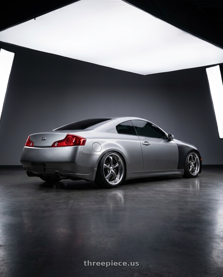 2006 Infiniti G35 Coupe with Work Wheels VS-KF 5X114.3 19x8.5+34 Brilliant Silver Black A Disk FULL REVERSE wheels rear three quarter view slight stretch tires