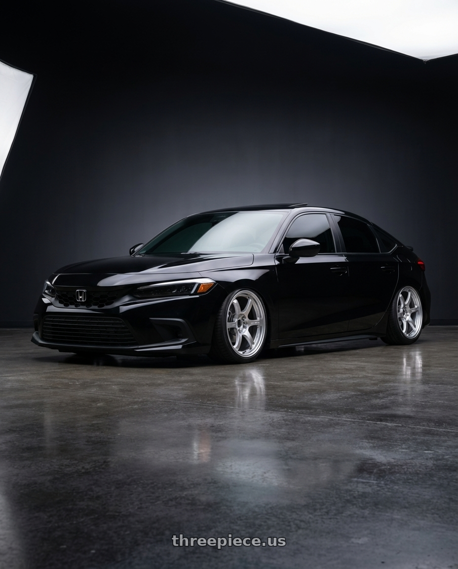 2023 Honda Civic Hatchback with Gram Lights 57DR 5x114.3 18x9.5+38 Grace Silver wheels front three quarter view slammed stance