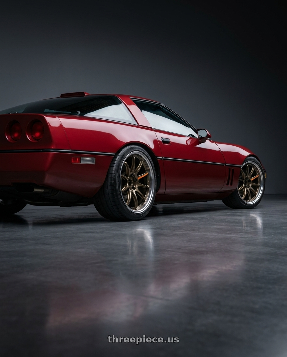 1990 Chevrolet Corvette with Work Emotion Zr10 5x120 18x10.5 +12 Titanium Diamond Lip Cut wheels rear three quarter view slight stretch tires