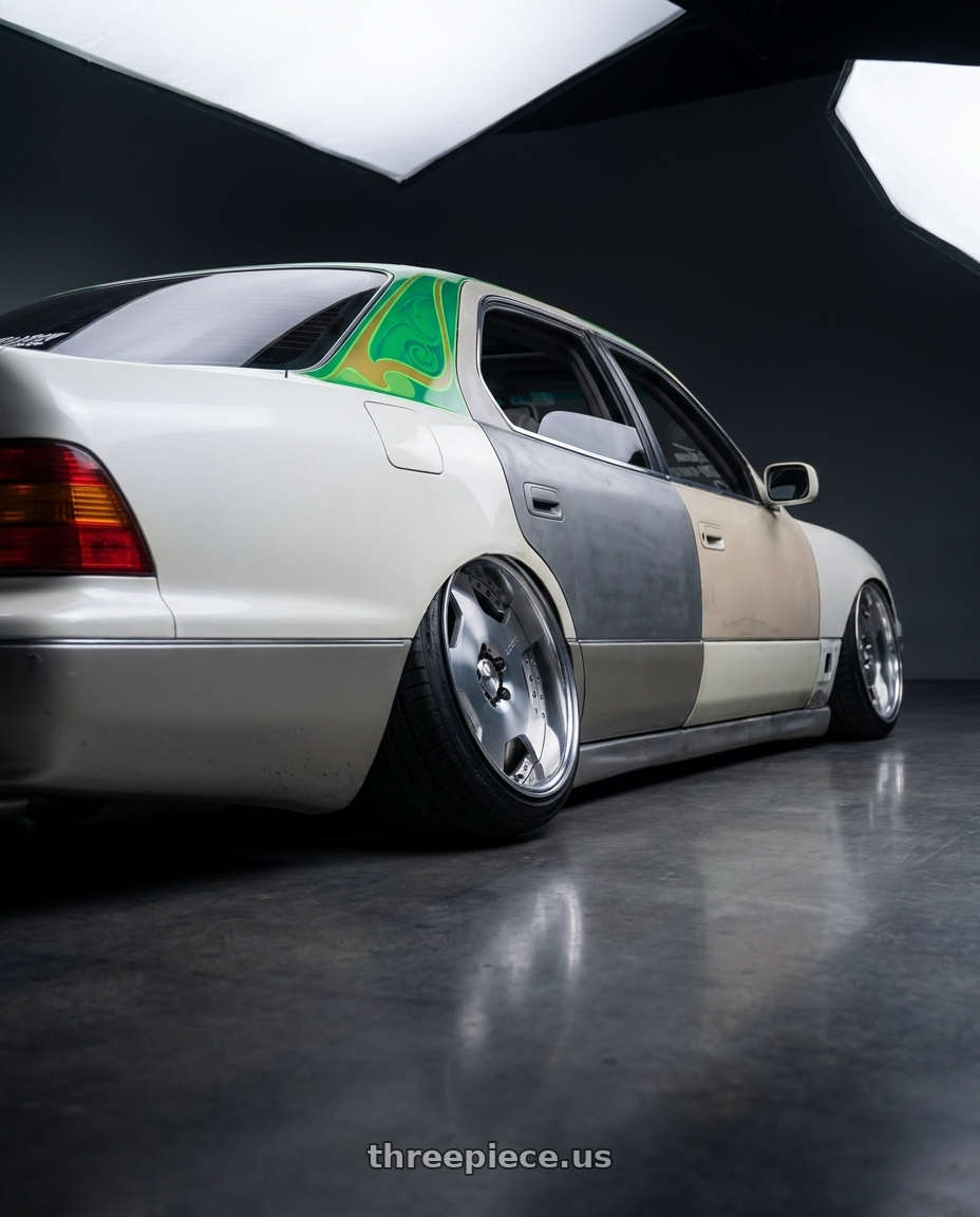 1997 Lexus ls400 with Work Lanvec Ld1 5x114.3 18x9.5+30 O Disk Machine Silver Polish wheels rear three quarter view square tires