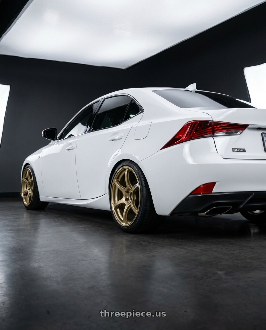 2018 Lexus IS 350 F Sport with Advan RGIII 5x114.3 19x10.5+25 Gold wheels rear three quarter view square tires