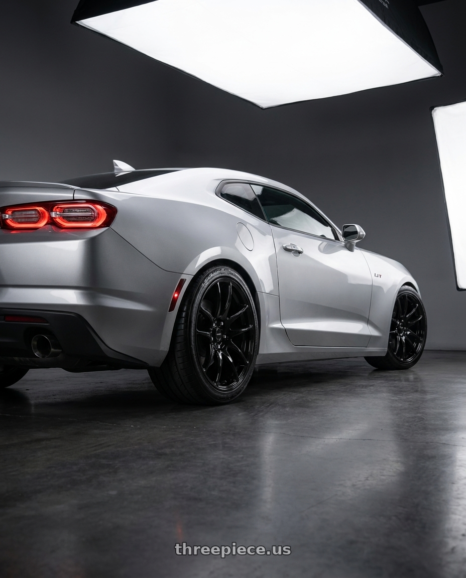 2023 Chevrolet Camaro with Vors TR4 5x120 20x9.5  +35 Gloss Black wheels rear three quarter view square tires