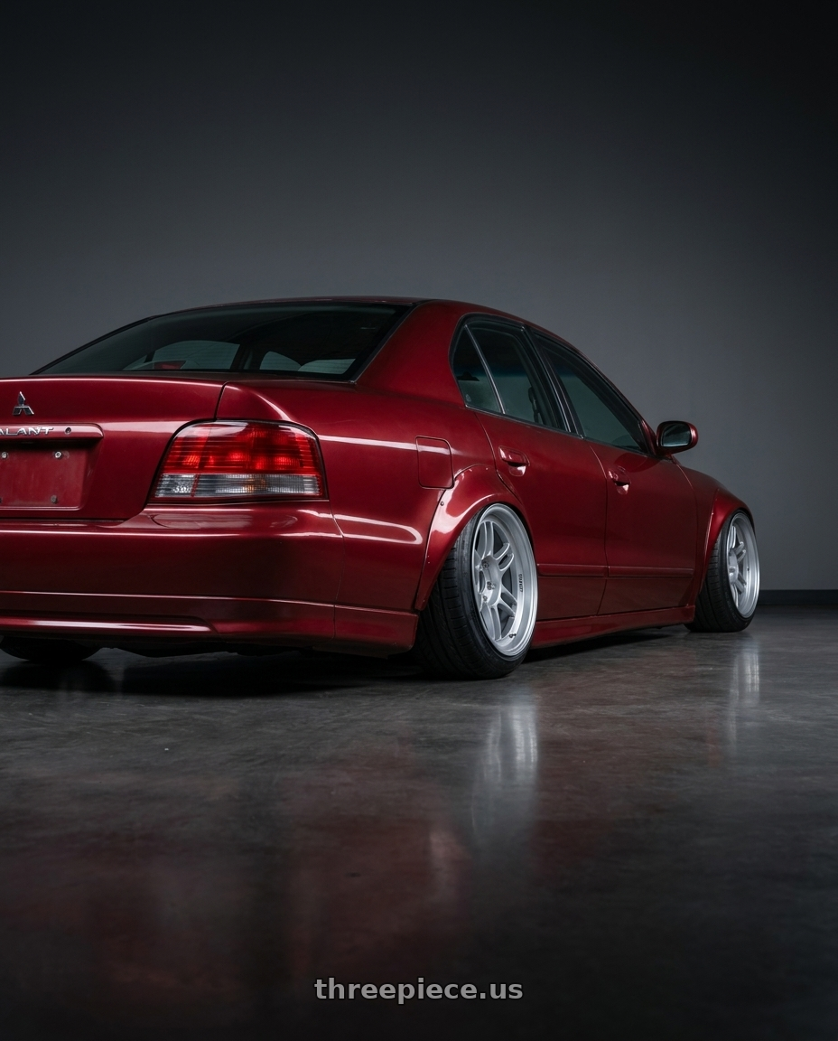 2003 Galant EX with Enkei RPF1 4x100 14x7+19 Silver wheels rear three quarter view slight stretch tires