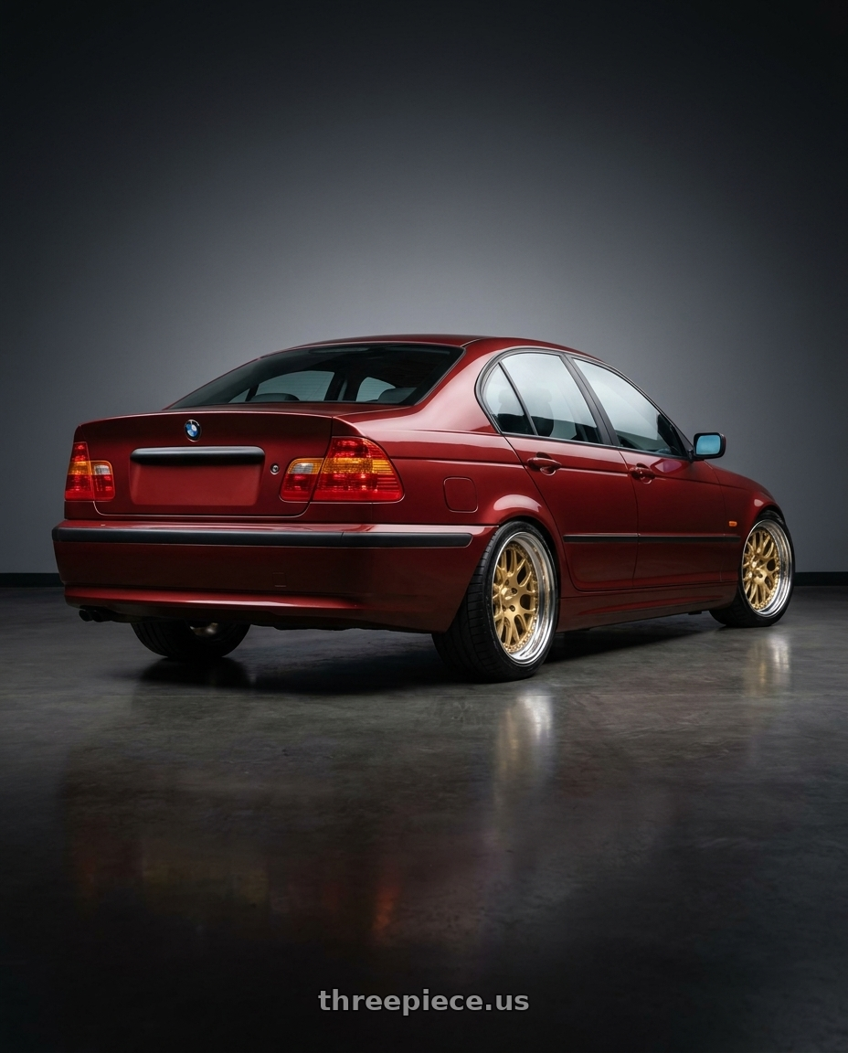 1999 BMW 328i with CCW CZ14 5x120 16x8 +40 Polished wheels rear three quarter view square tires