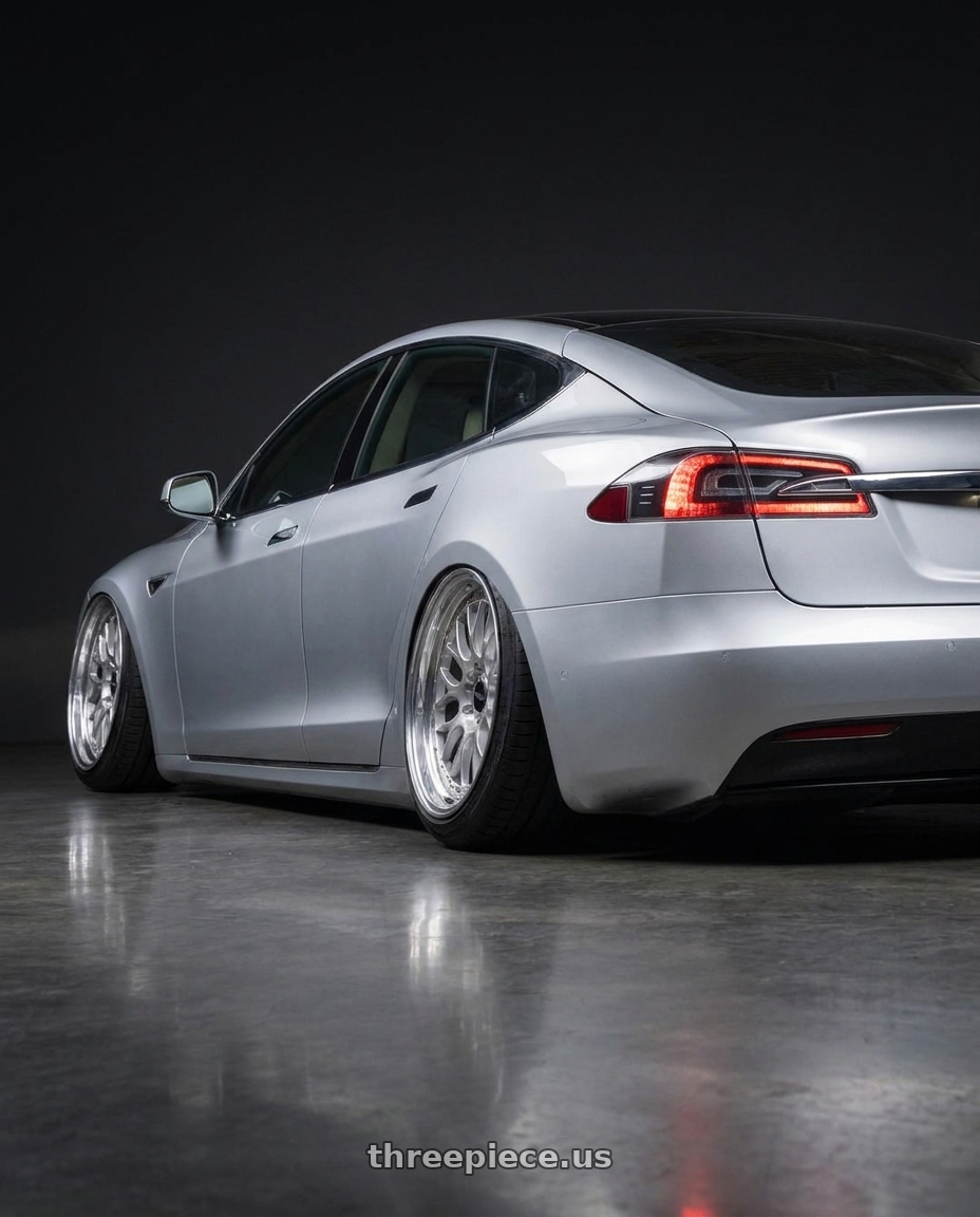 2018 tesla model s with Konig Countergram 5x114.3 18x9.5+35 Hyper Chrome / Machined Lip wheels rear three quarter view extreme stretch tires