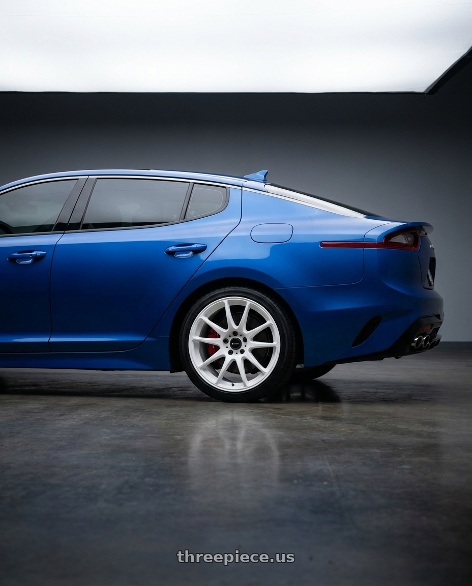 2019 Kia Stinger GT RWD with Vors TR4 5x114.3 18x8.5  +35 White wheels rear three quarter view square tires