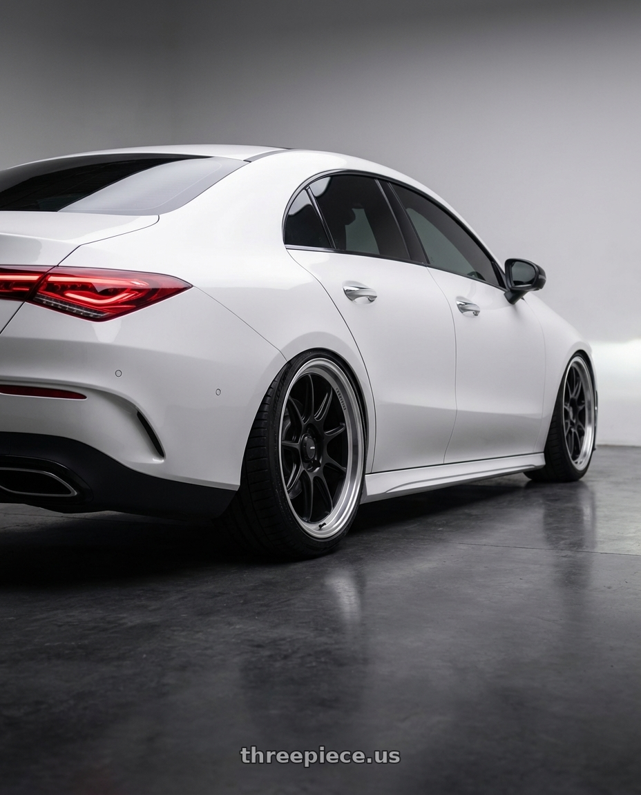 2023 Mercedes-Benz CLA C118 with Konig Countergram 5x112 19x9.5+30 Matte Black / Matte Machined Lip wheels rear three quarter view slight stretch tires