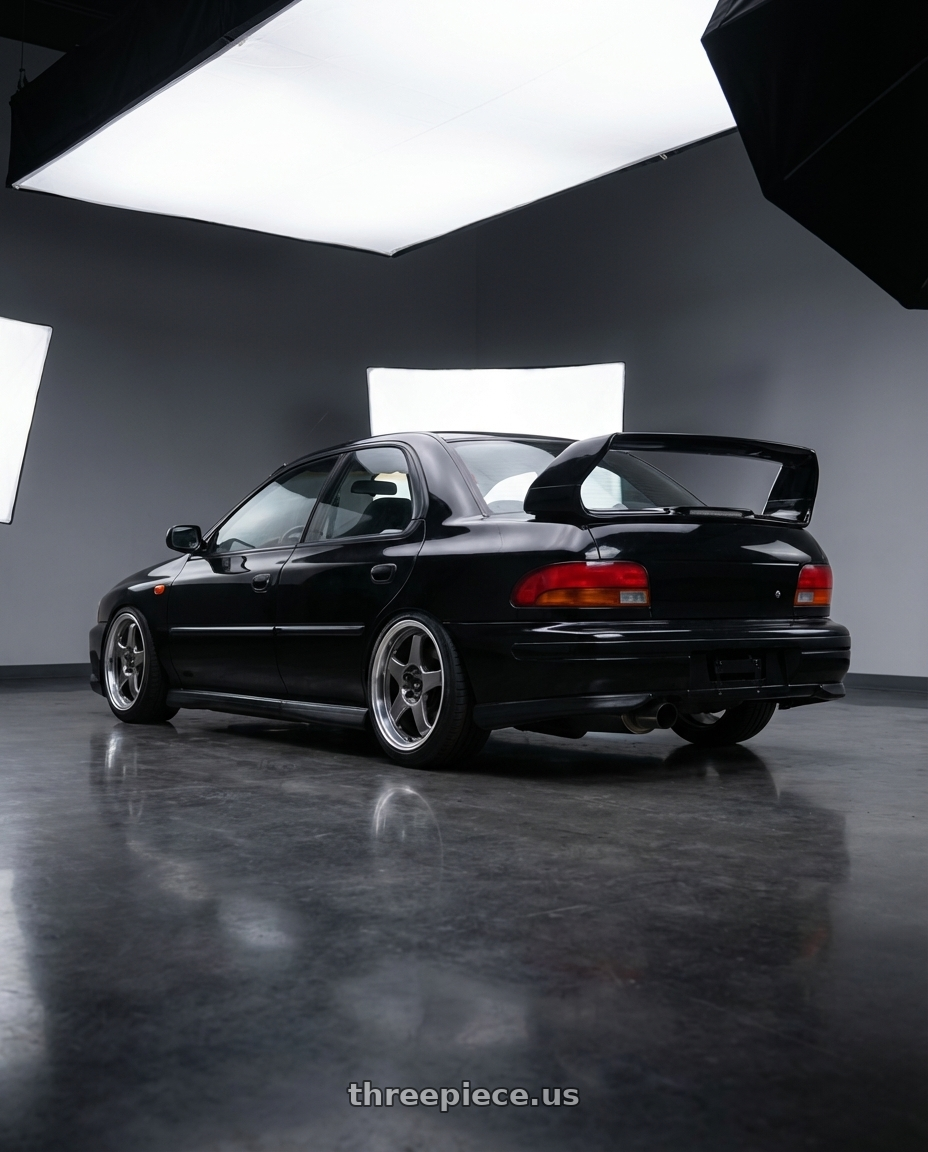 1985 Subaru Impreza GC8 with Vors SP1 5x100/5x114.3 17x8  +35 Hyper Black Machine Lip wheels rear three quarter view slight stretch tires