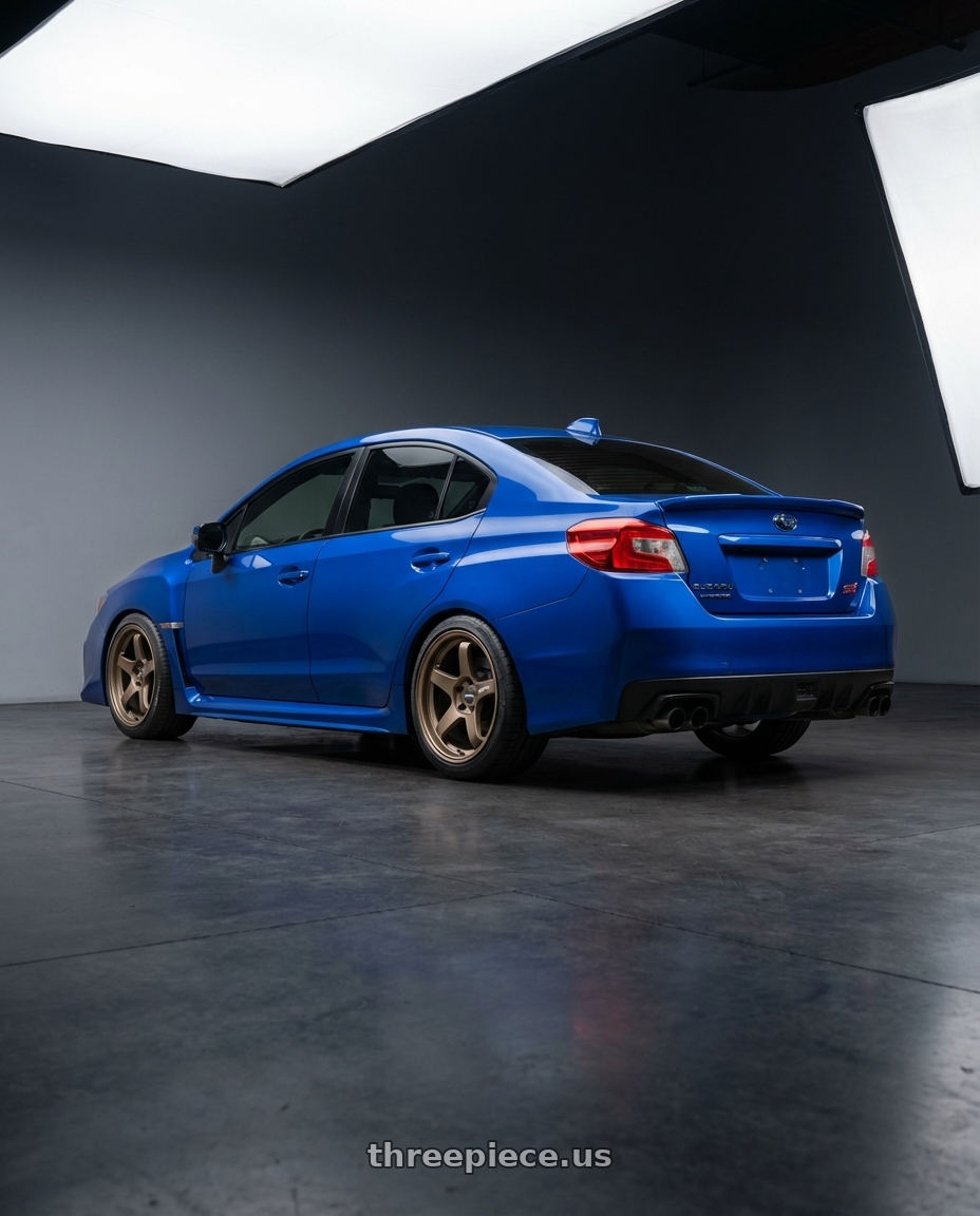 2018 Subaru WRX STI with ESR Wheels APEX SERIES AP5 5x114.3 18x10.5 +22 Matte Bronze wheels rear three quarter view square tires