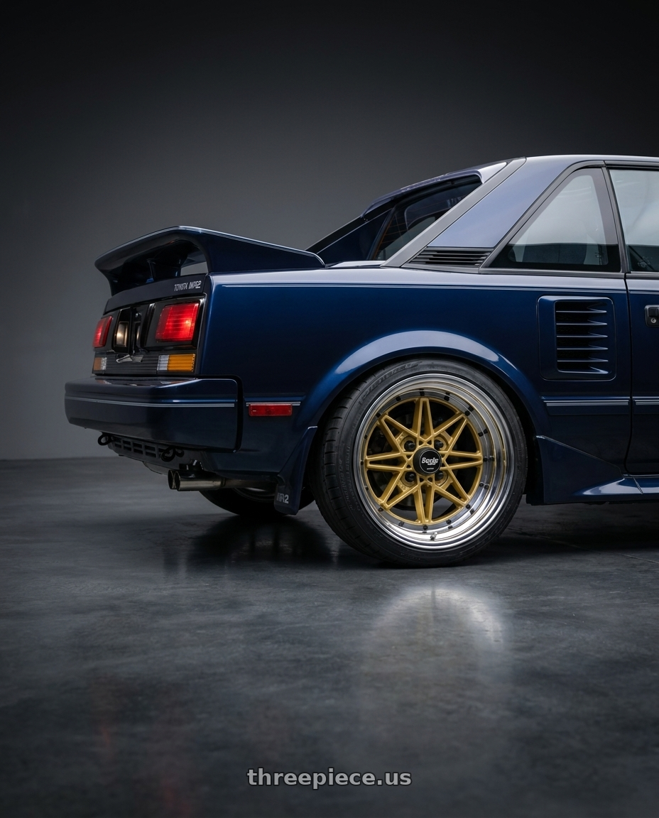 1987 Toyota MR2 with EQUIP 03 GOLD 15x7 +35 wheels rear three quarter view square tires