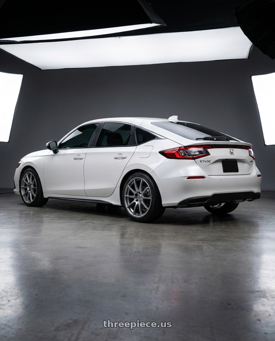 2026 honda civic with Ssr Gtv02 5x114.3 18x8.5+48  GLARE SILVER wheels rear three quarter view square tires